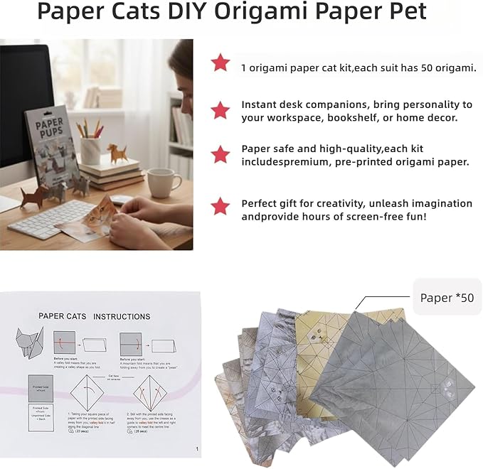 Paper Cats DIY Origami Paper Cats,50 Sheets 3D Origami Paper for Adults,Fun Craft Activity,Desk Decoration Creative Gift for Cat Lovers