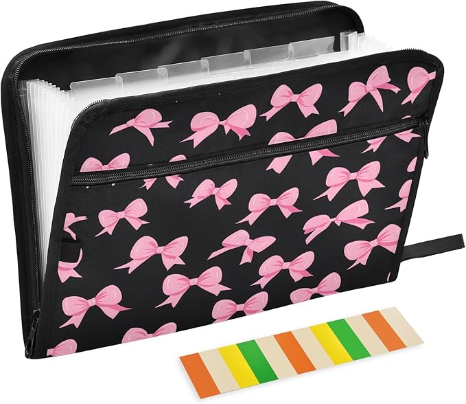Pink Bow Black Background Pattern 13 Pocket File Organizer Expanding File Folder with Front Pouch Portable Business File Storage Document Organizer Folder with Zipper