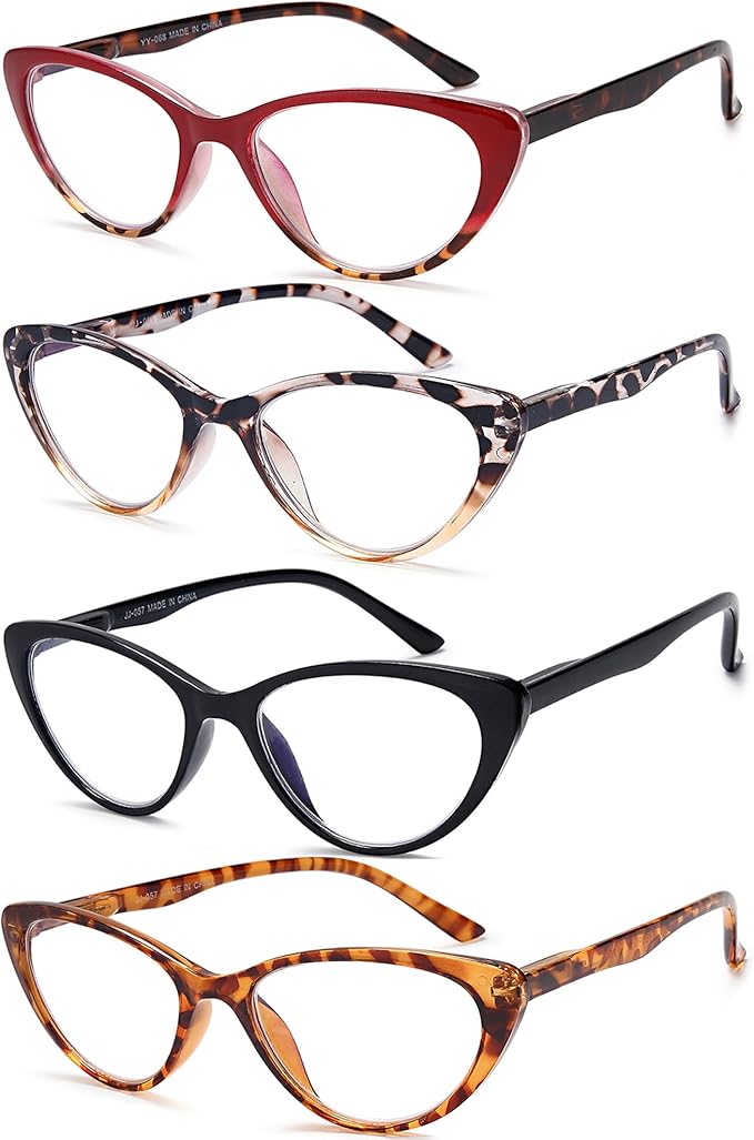 EYEURL 4-Pack Cat Eye Reading Glasses for Women Blue Light Blocking Computer Reading Glasses Anti-Glare Cat Eye Readers For Women,1.0