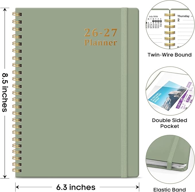 Planner 2026-2027, 6.3" x 8.5" Weekly and Monthly Academic Year Planner Calendar, July 2026 - June 2027, Hardcover Large School Planning Agenda With Tabs, Perfect for School & Office Supplies, A5, Green