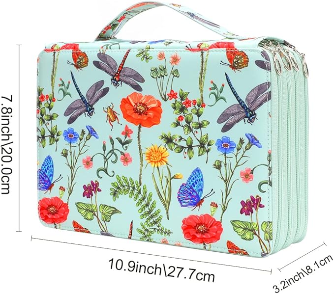Vomgomfom 200 Slots Pencil Bag, 4-Layer Zipper Portable Art Supply Organizer, PU Leather Large Capacity Colored Pencil Case with Handle for 200 Watercolor Pens, Gel Pens (Green)