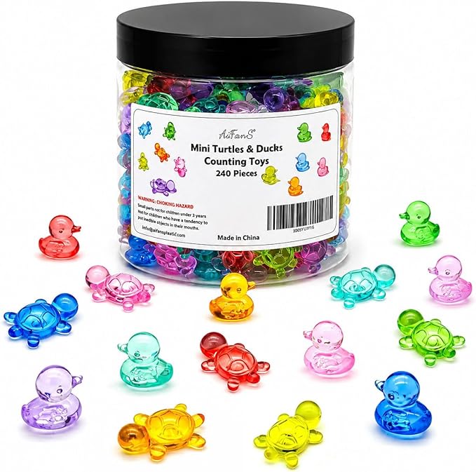 240PCS Translucent Counting Toys for Preschool, Turtle & Duck Sorting Manipulatives, Montessori Math Counters, Sensory Bin Fillers, Classroom Learning Toys for Toddlers with Storage Box
