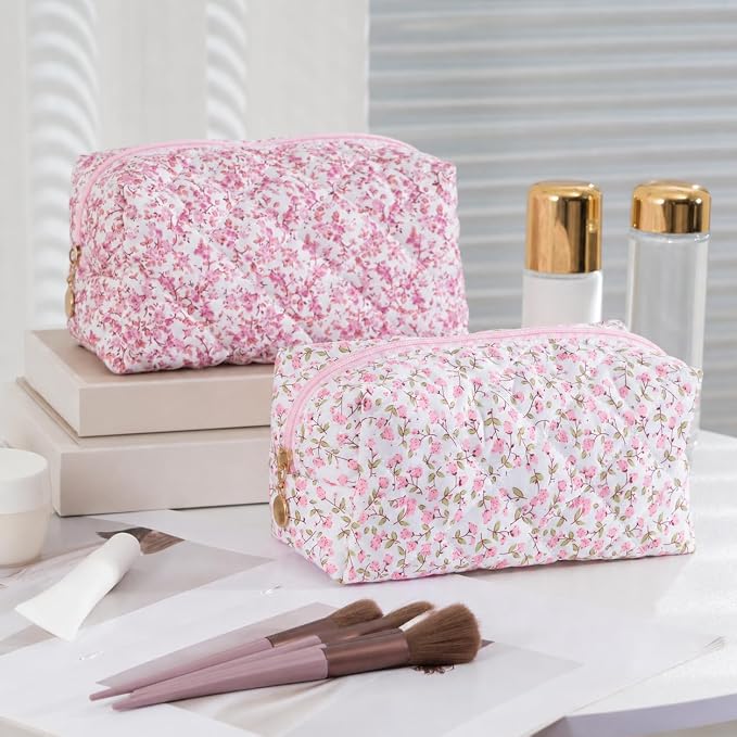 Makeup Bag Travel Toiletry Bag for Women, Small Cosmetic Bags Cute Quilted Cotton Makeup Pouch for Purse Emergency Bag Floral Pencil Case Accessory Bag, Pink