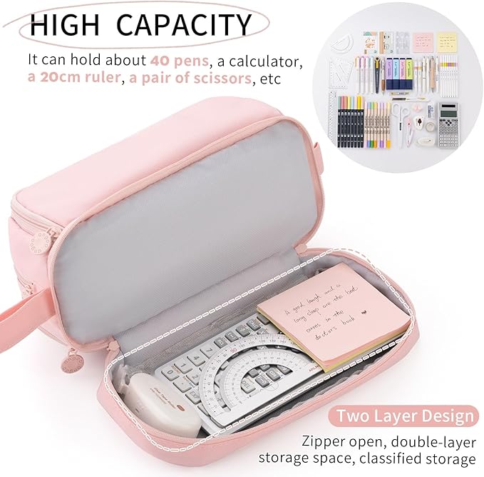 CICIMELON Large Capacity Pen Pencil Case with 4 Compartments, Multi-Slot Pencil Pouch Bag Aesthetic School Supplies Organizer for Teen Girls, Women, Adults (Pink)