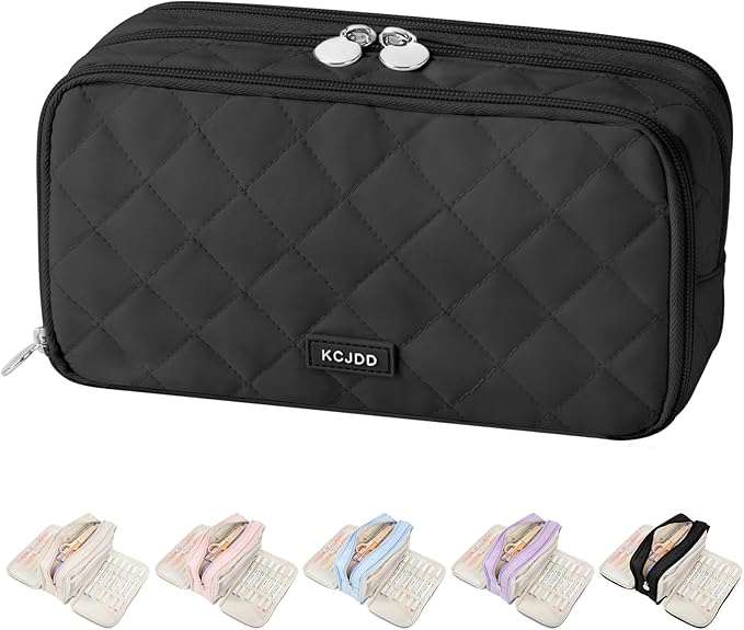 Cute Pencil Case for School, Soft Quilted Pencil Pouch Organizer with 3 Compartments, Large Double Zipper Pencil Bag for Teen Girls, Boys & Women (Black)