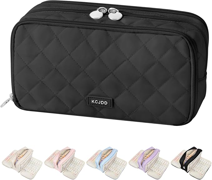 Cute Pencil Case for Girls kids Soft Quilted Pencil Pouch Bag Organizer | With 3 Compartments,Big Capacity Marker Crayon Storage Bag Large Double Zipper Art Bag For Kids School College Boys Women