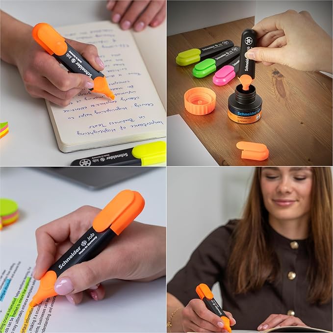 Schneider Job Highlighter, Chisel Tip, 1 + 5 mm, Black Barrel, Orange Ink, Box of 10 Highlighters (1506)