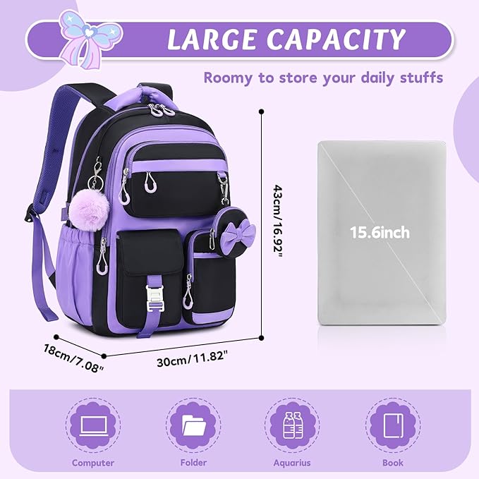 MUSEVOS Kids Teenage Girls Backpack, Elementary/Middle/High Schoolbag, Multi-Compartment Water-resistant Cute Bookbag, 17inch