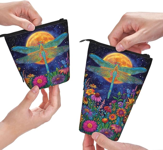 Dragonfly Moon Standing Pencil Case Cute Telescopic Stationary Pouch with Zipper Large Capacity Stand up Pen Bag Portable Makeup Holder for School Office Supplies