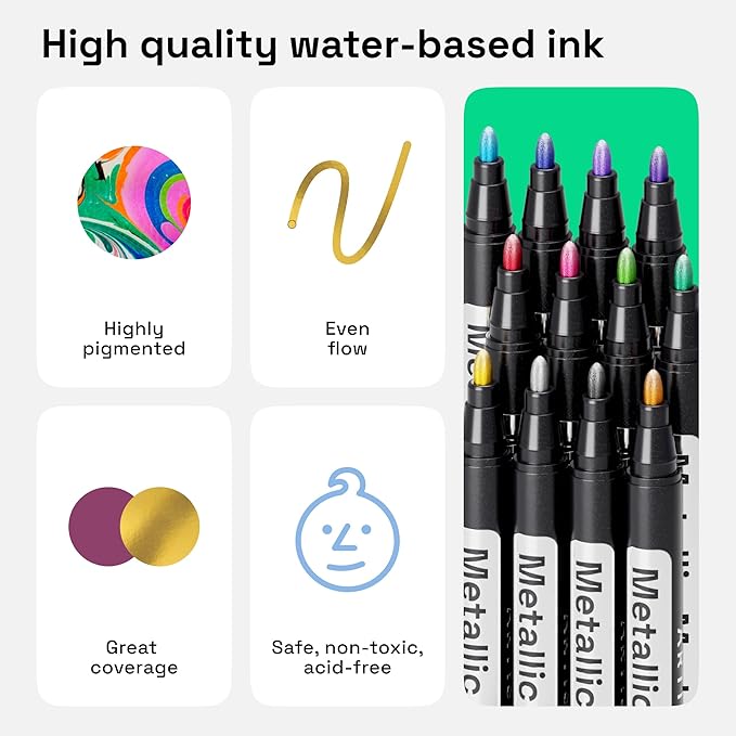 ARTISTRO 24 Metallic Acrylic Paint Markers - Medium Point Paint Pens for Rock, Wood, Glass, Ceramic, Black Paper, Scrapbooking Crafts, Card Making, DIY Photo Album, Ceramic
