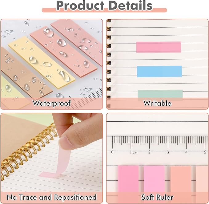 JIANTA Book Tabs for Annotating, 2000Pcs Sticky Tabs with Ruler, Transparent Sticky Notes for Binders, Page Markers for Notebooks, Multi-Colored Writable and Repositionable Book Flags Strip Index Tabs