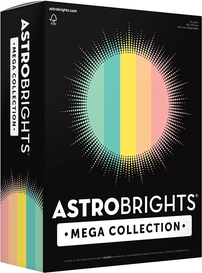 Astrobrights Mega Collection, Colored Paper, Punchy Pastel 5-Color Assortment, 625 Sheets, 24 lb./89 gsm, 8.5" x 11" - MORE SHEETS! (91732)