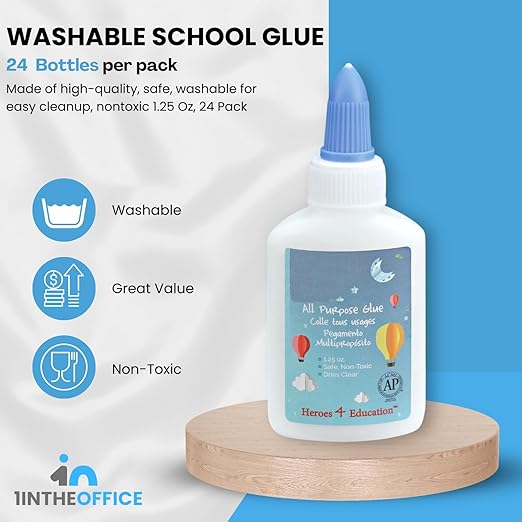 1InTheOffice Washable School Glue, Premium-Quality Glue, White, 1.25 Oz, 24 Pack