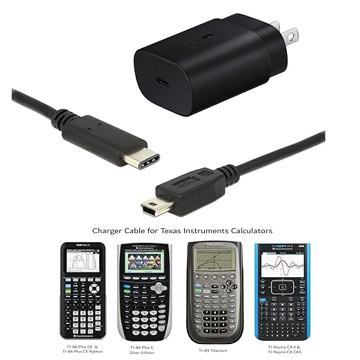 USBC TI-84 Plus CE Graphing Calculator Charger Cable Cord with USB-C AC Block for Texas Instruments TI84 Plus CE, TI Nspire CX II CAS, TI-84 Plus C Silver Edition, TI 89 Titanium