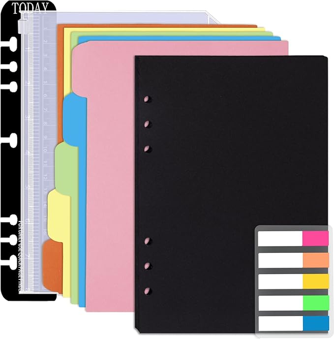 Rancco A5 Planner Inserts 6 Rings Planner Refills Set, 60 Sheet Black Blank To Do List Loose Leaf Paper w/Zipper Pouch, Binder Dividers, Ruler, Index Tab for Journal, Double-sided, Undated, 8.3x5.6in