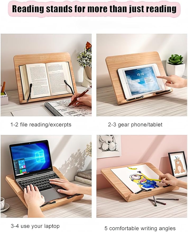 Bamboo Book Stand with Page Clips - Adjustable Holder for Cookbooks/Textbooks, Stable Lightweight Portable Reading Desk (Natural Bamboo)