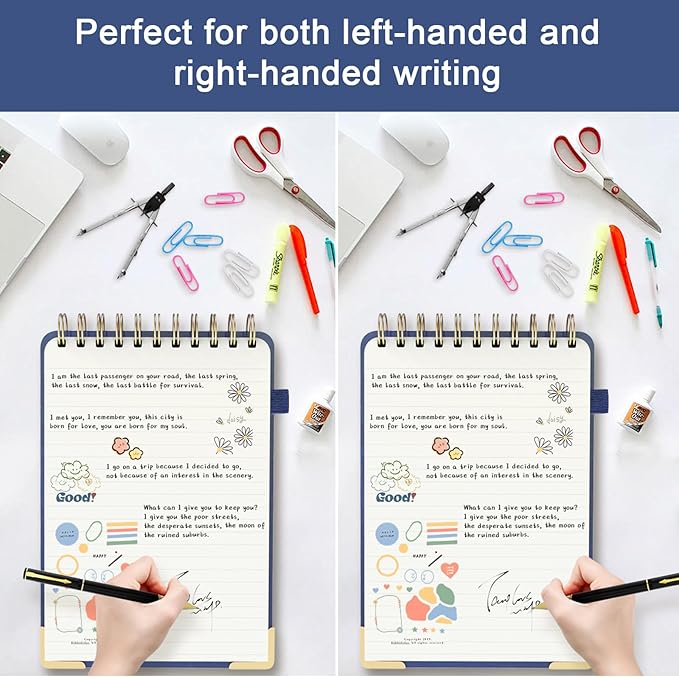 A5 Top Spiral Notebook, Large Leather Hardcover Top Bound Steno Pads, 240 Pages 100 gsm Thick Lined Paper Left Handed Notebook Journal for Work, School, Meeting Writing - Navy Blue, 5.9" x 8.5"