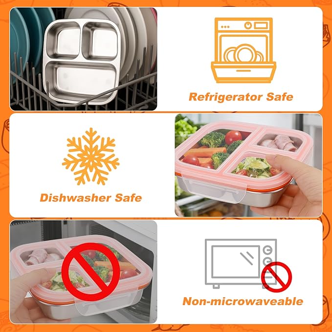 Palksky Lunch Box Containers Stainless Steel, Bento Lunch Box for Adults Men Women, 3-Compartments Metal Food Storage Containers with Leakproof Lids for Travel Picnics Office (2 Packs)