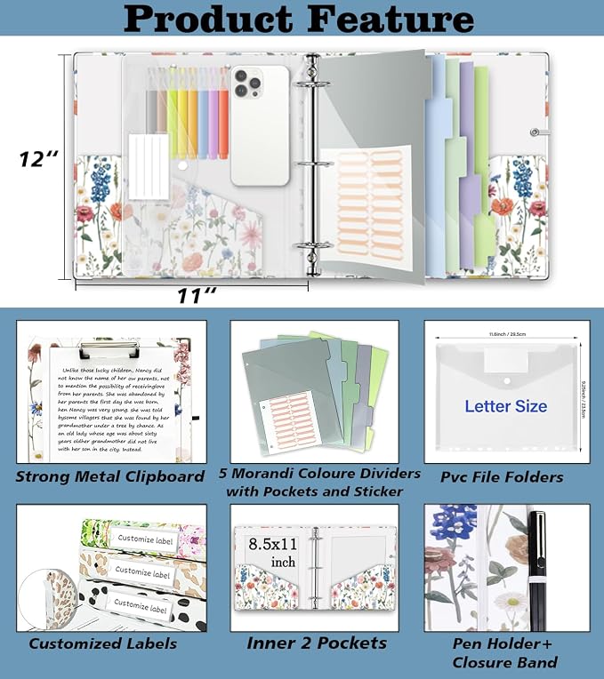 3 Ring Binder 2 Inch for 8.5"x11" Paper, Three Ring Binders with Clipboard, 5 Dividers with Tabs and Pockets, Plastic Folder, 18 Divider Stikers,Cute Binder with Pen Holder,Blue Bloom