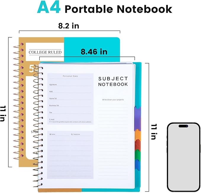 CAGIE Spiral Notebooks for School Work with Removable Dividers Tabs, 8.5” x 11” 5 Subject Notebook College Ruled, Large Lined Journaling Notebook for Women Men Writing, Teal