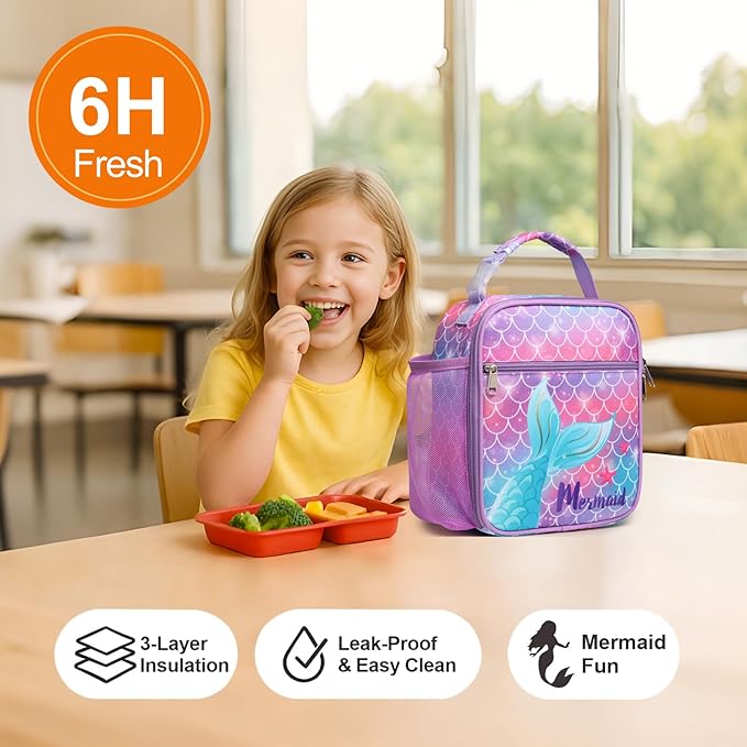 Bagseri Kids Lunch Box for Girls - Insulated Toddler Lunch Bag Fits Bento Box, Reusable Daycare Cooler Tote with Clip Handle, Water-Resistant Lining, Purple Mermaid Tail