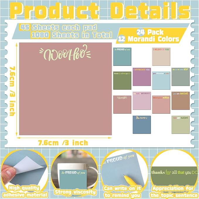 Yinder 24 Pcs Inspirational Sticky Notes Cute Motivational Sticky Notes Pad End of Year Employee Appreciation Gifts Bulk for Teacher Nurse Coworkers Office Supplies 3 x 3'' (Thank You,Morandi Color)
