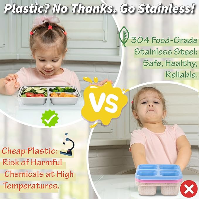 KTKUDY 3 Pack Stainless Steel Snack & Lunch Containers with Plastic Lids - Meal Prep Containers 3 Compartments - Metal Bento Lunch Boxes for Kids & Adults - Not 100% Leakproof - Toddler & Kids Plates