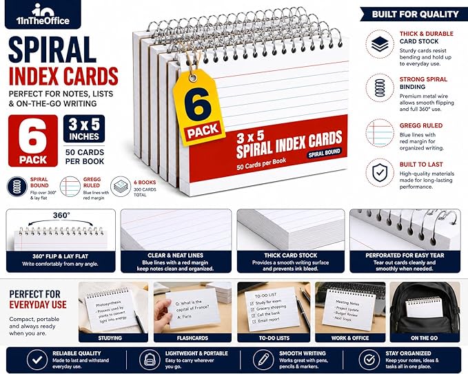 1InTheOffice Spiral Index Cards 3x5 Ruled, Spiral Bound, 50 White Cards/Spiral (6 Pack)