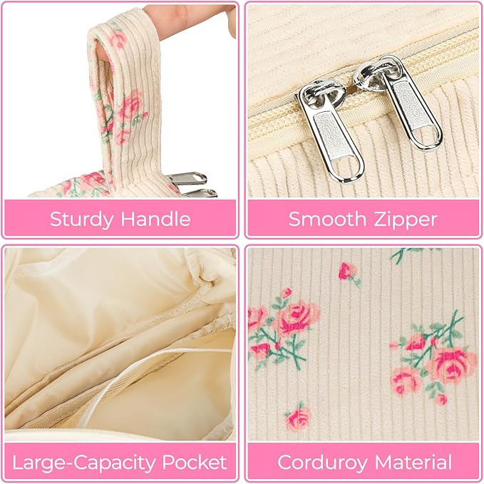 WOBAGMEN Cute Pencil Case,Large Corduroy Zippered Pencil Case Pouch, aesthetic Pencil Bag with Compartments, Pencil Pouch School Supplies (HY-corduroy pc-pink floral)