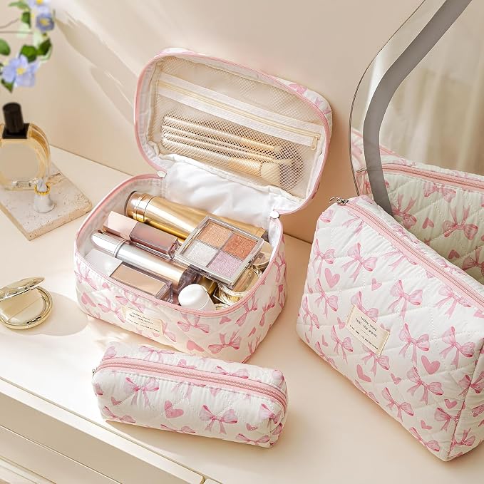 HBselect Quilted Makeup Bag, 3Pcs Cotton Large Travel Makeup Bags Organizer | Cute Floral Make up Bag Cosmetic Bag Toiletry Bag for Women Girls, Makeup Pouch for Skincare, Brushes & Travel Essentials