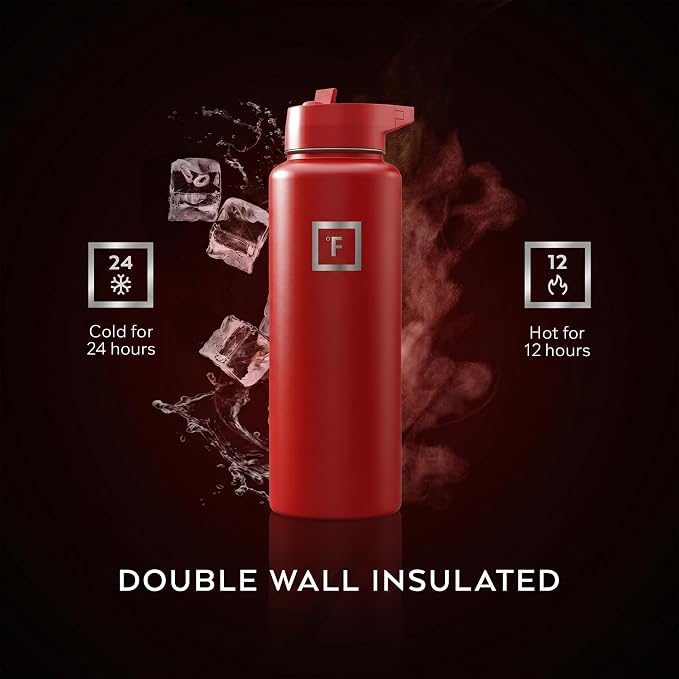IRON °FLASK 40 oz Wide Mouth Water Bottle with Straw | Insulated Stainless Steel Sports Water Bottle with Leakproof Straw Lid - BPA Free, Cold 24 Hrs, Sweat Free (Fire Red)