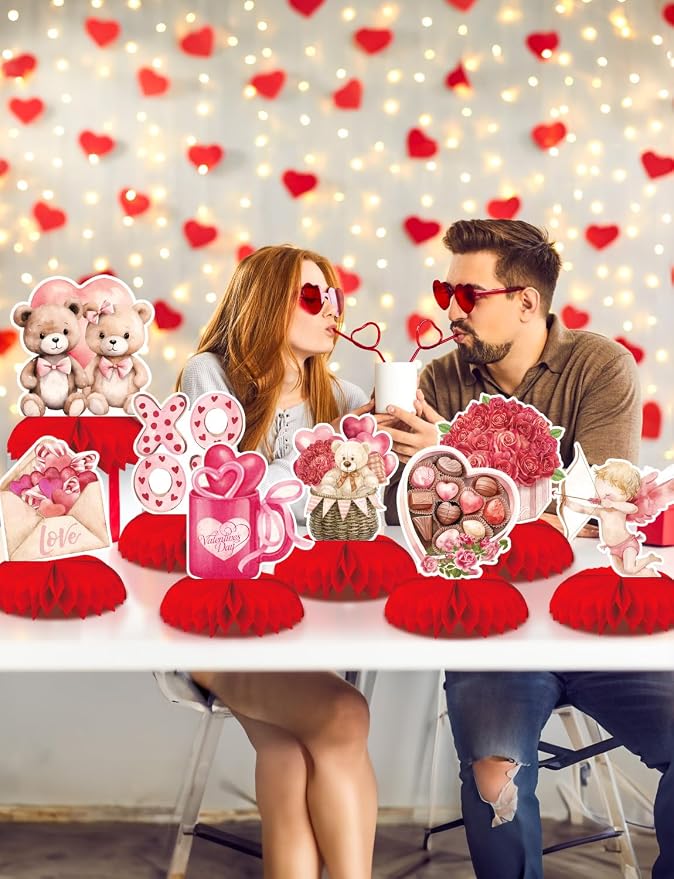 Valentine Honeycomb Centerpieces for Table, 9Pcs Valentine Table Decorations 3D Valentines Centerpiece Red Pink Valentine's Day Decorations Bear Heart Table Toppers for Valentine Party Supplies