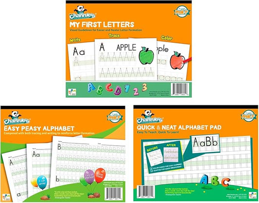 Channie's Beginner's Alphabet & Handwriting Workbooks, 3 Workbooks, Lots Practices with Visual Format, Easier Way to Learn Alphabet Summer School, Ideal for Homeschool Learning Activities