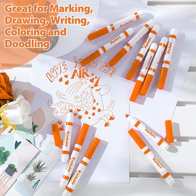 36 Pcs Orange Washable Markers Bulk Coloring Broad Line Markers for Kids Conical Tip Drawing Pen for Christmas, School Supplies, Travel Art Baby Shower Gender Reveal Party Supplies, Ages 6+