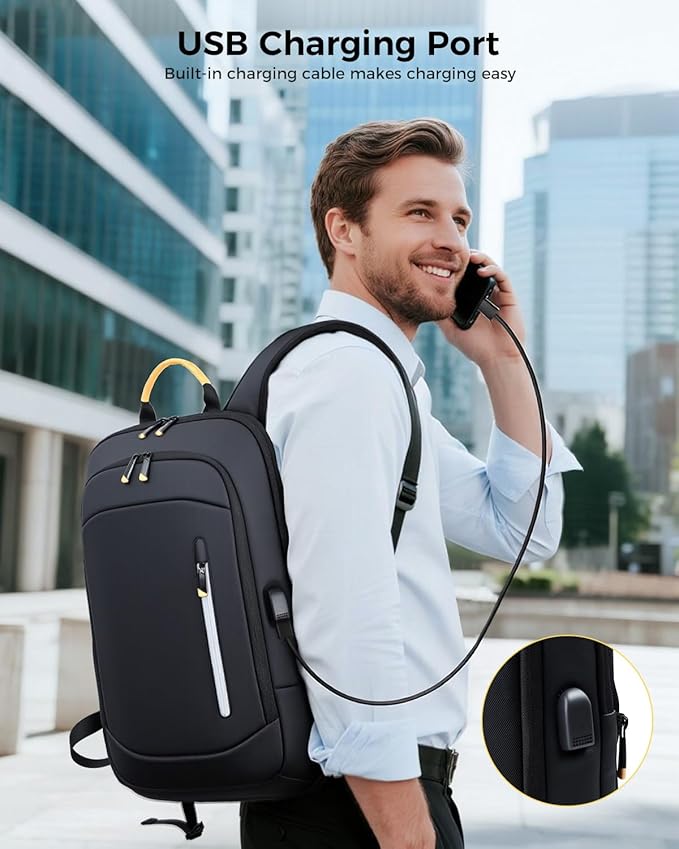 Slim Laptop Backpack for Men, 17.3 Inch Expandable Business Travel Backpack with USB Charging Port, Lightweight Work Computer Bag, Black