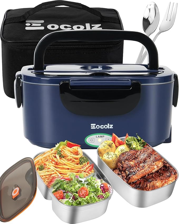 Eocolz Electric Lunch Box Food Heater 80-100W, Food Warmer with Dual Container 1.5L Portable Heated Lunch Box for Car Truck Work Stainless Steel Fork & Spoon 12/24/110V for Adults Lonchera Eléctrica