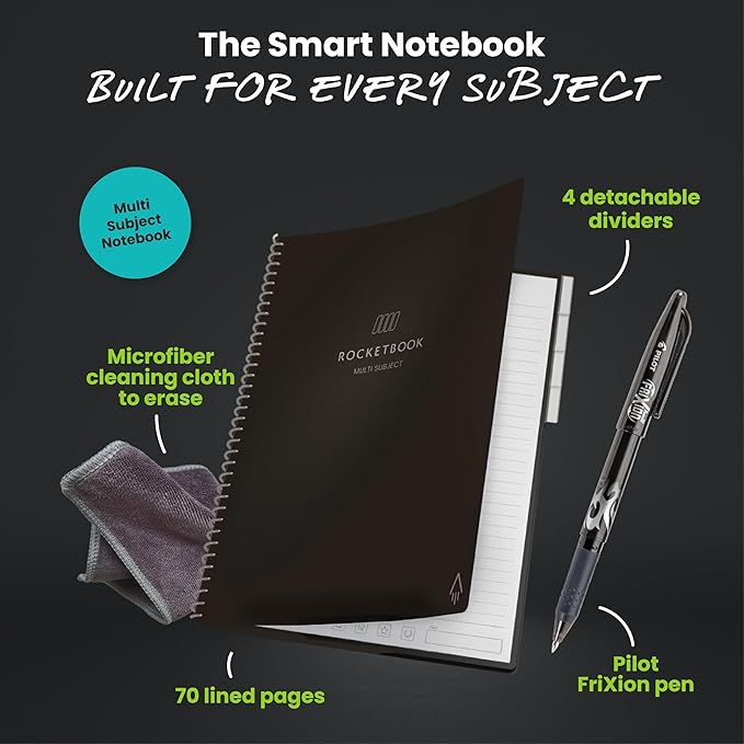Rocketbook Multi-Subject Reusable Smart Notebook, Notebook For School and Work, 70 Lined Pages Multi-Subject, 4 Adjustable Dividers, Letter Size 8.5x11, Black