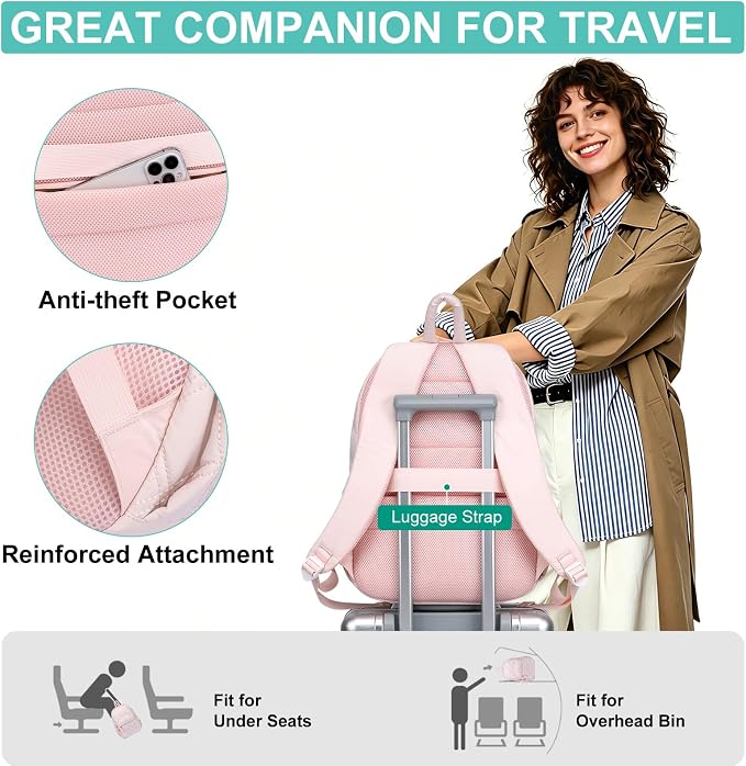 Backpack for Women Travel Bag: 15.6 Inch Laptop Backpacks Quilted College Bookbag Lightweight Casual Daypack Water-Resistant Computer Backpacks for Students Teacher Work Pink