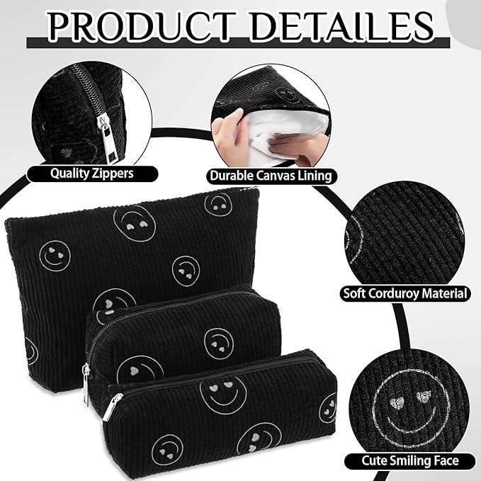 Huhumy 3 Pcs Makeup Bag Set for Women Corduroy Cosmetic Pouch Aesthetic Smile Travel Toiletry Bag Cute Purse Pouch Pencil Case Makeup Brushes Storage Organizer with Zipper(Black,Smile Face)