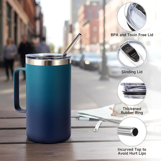 Volhoply 22oz Insulated Stainless Steel Coffee Mug with Leakproof Lid,Double Wall Vacuum Travel Coffee Cup with Handle,Reusable Metal Tumbler,Camping Mugs Keep Hot&Cold(Dark Night,1)