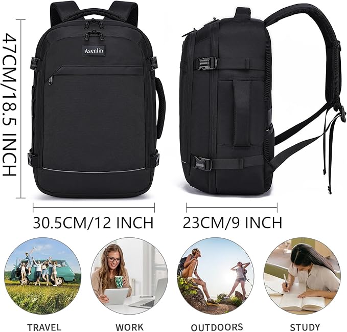 Asenlin Travel Backpack for Women Men,Flight Approved Carry On Luggage 40L Water Resistant Business Laptop Backpacks Fits TSA 17.3 Inch Computer College Weekender Outdoor Hiking-Black