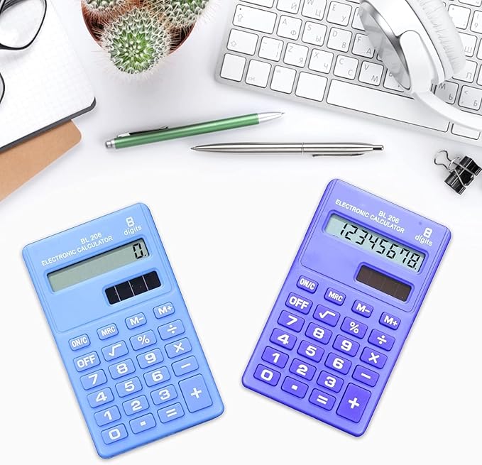 Blue Basic Standard Calculators Mini Digital Desktop Calculator, Solar Power Smart Calculator Pocket Size Basic Office for Home School Office