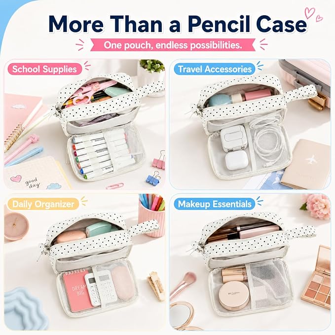 Bluboon Big Capacity Pencil Case Pencil Pouch Pen Case School Supplies Cute Pencil Box Pencil Bag for Teen Girls Boys Women Man (Black dots - White)