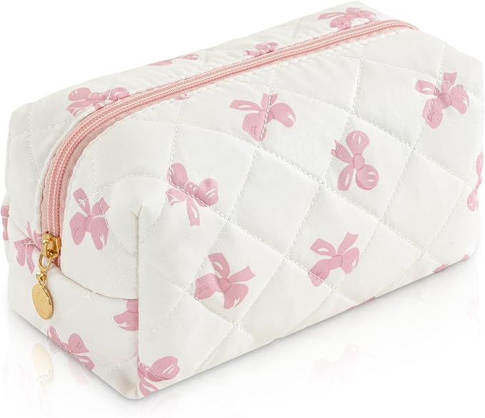 Makeup Bag Travel Toiletry Bag for Women, Small Cosmetic Bags Cute Quilted Cotton Makeup Pouch for Purse Emergency Bag Pencil Case Accessory Bag, Pink Bow