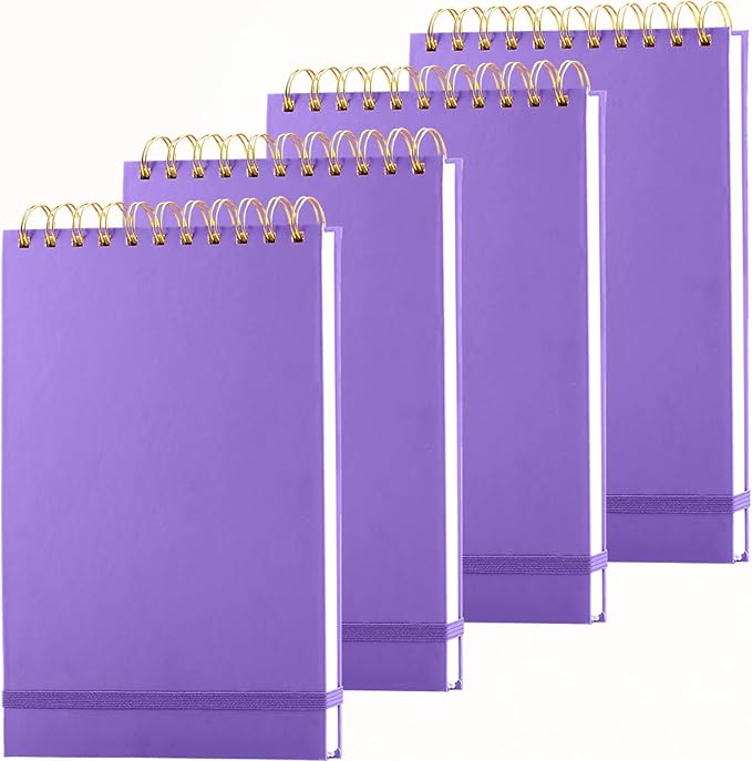 4 Pack Thick Superhard Cover A5 Top Steno Pads Spiral Notebook,Top Bound Notebooks Spiral 4x160 Pages, Inner Pocket College Ruled, Hardcover Steno Pads, Left-Handed Spiral Notepads for Work Purple