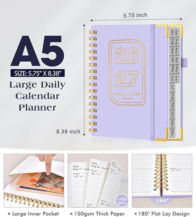 Planner 2026-2027, 18 Months Weekly and Monthly Hardcover Planner, January 2026 - June 2027, 5.75" x 8.38" A5 Daily Calendar Planner Book with Tabs, Spiral Yearly Agenda Organizer Notebook for School Work Home, Purple
