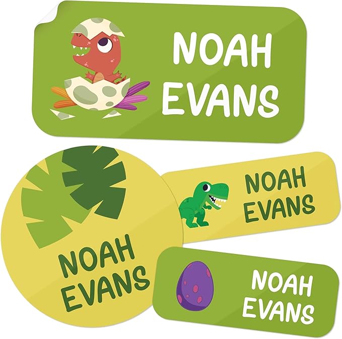 Personalized Daycare Name Labels for Kids, (130 Pack) Waterproof Custom Name Stickers for Clothing Tags, Lunch Boxes and School Supplies, Made in USA by MSC -Dinosaurs
