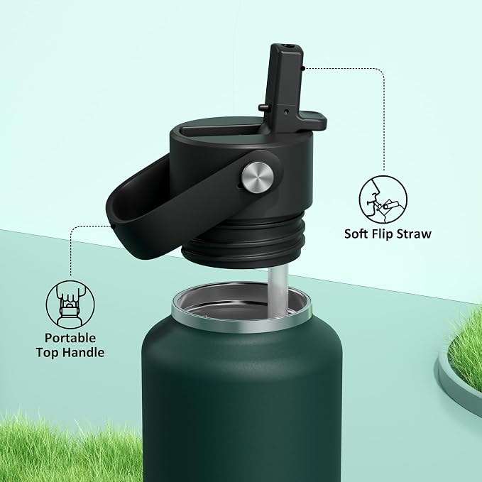 POWCAN 24 oz Water Bottle Insulated: BPA-Free, Leakproof Lid with Straw, Lightweight, Flex Cap, Stainless Steel Water Bottle for Sport, Hikig, Office, Commute, Worker, Walking, Cycling (Fir Green)