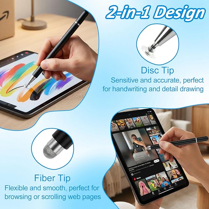 Stylus Pens for Touch Screens, 2 in 1 Magnetic Disc & Fiber Tip Stylus Pen for iPad with Magnetic Cap, Compatible with All Touch Screens - Free Replacement Disc Tips, Black