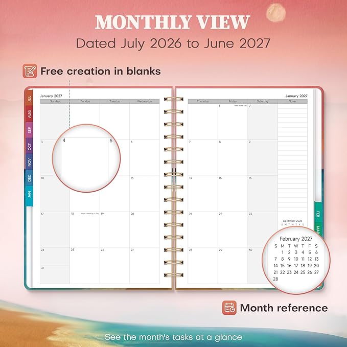 Planner 2026-2027 Monthly and Weekly Academic Planner July 2026 - June 2027, Hardcover Calendar 2026-2027 Agenda Daily Planner for Student Teacher School Office Supplies, 6" x 8.3", Sea Sunset